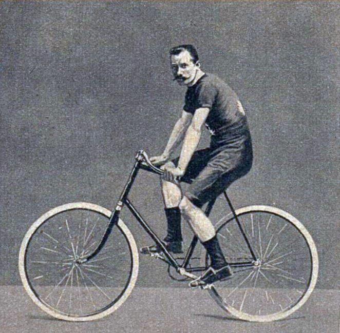Henri Desgrange, the founding father and race director of Tour de France for decades posing on his bike as a young cyclist in 1893.