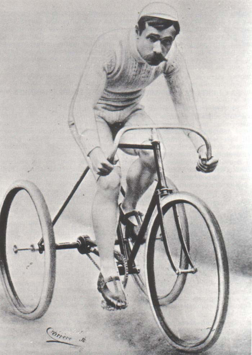 Henri Desgrange the founding father of Tour de France siting on a tricycle as a young cyclist