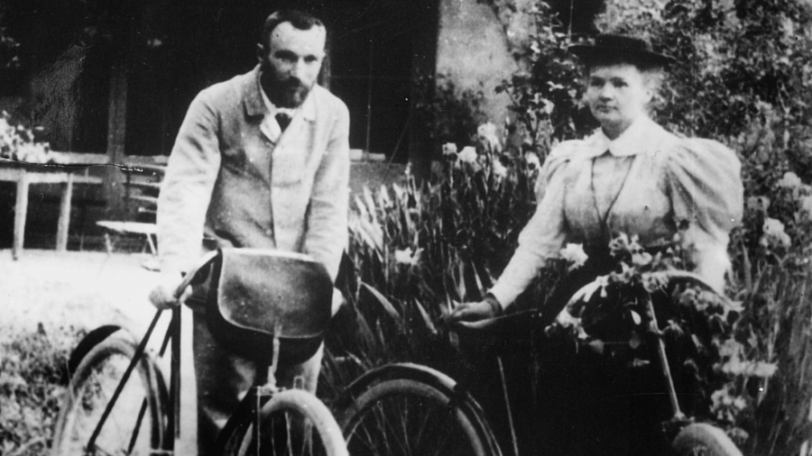Extract of the original picture of Pierre and Marie Curie on their honeymoon in 1895