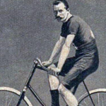 Vintage cycling image from the 19th century: Henri Desgrange, the founding father of the Tour de France posing as a young cyclist on his own bicycle.